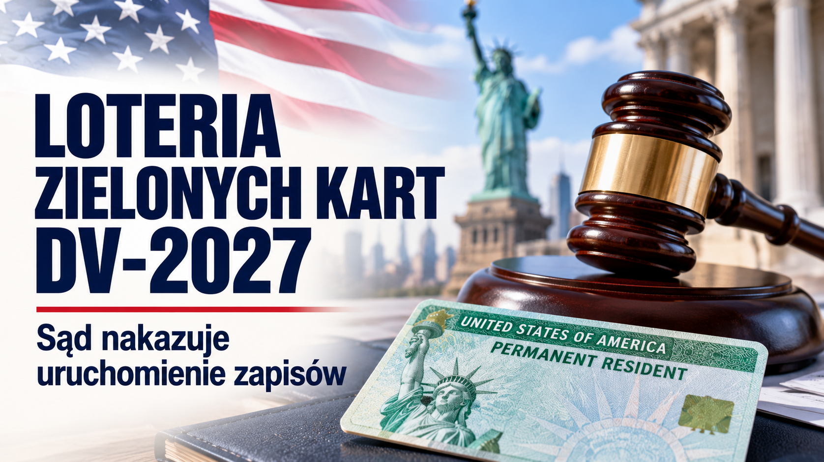 Loteria zielonych kart DV-2027 – grafika z zieloną kartą, młotkiem sędziowskim i flagą USA